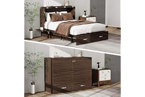 UrbEleg Queen Murphy Bed Cabinet with Charging Station for Guest Room, Black Walnut Queen Hideaway Murphy Bed with Storage Drawer and Shelves(NOT Included Mattress)