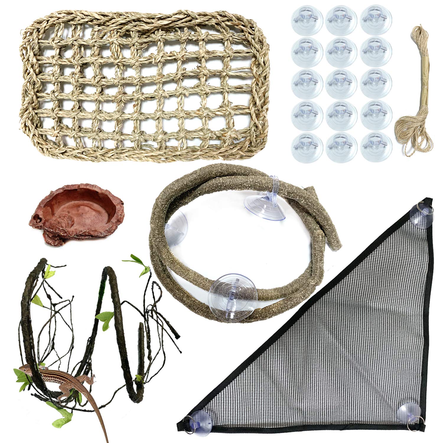 PietyPet 24 pcs Reptile Lizard Habitat Decor Accessories, Bearded Dragon Hammock, Seagrass Reptile Hammock with Diet Feeder and Artificial Climbing Plants for Chameleon, Lizards, Gecko, Snakes