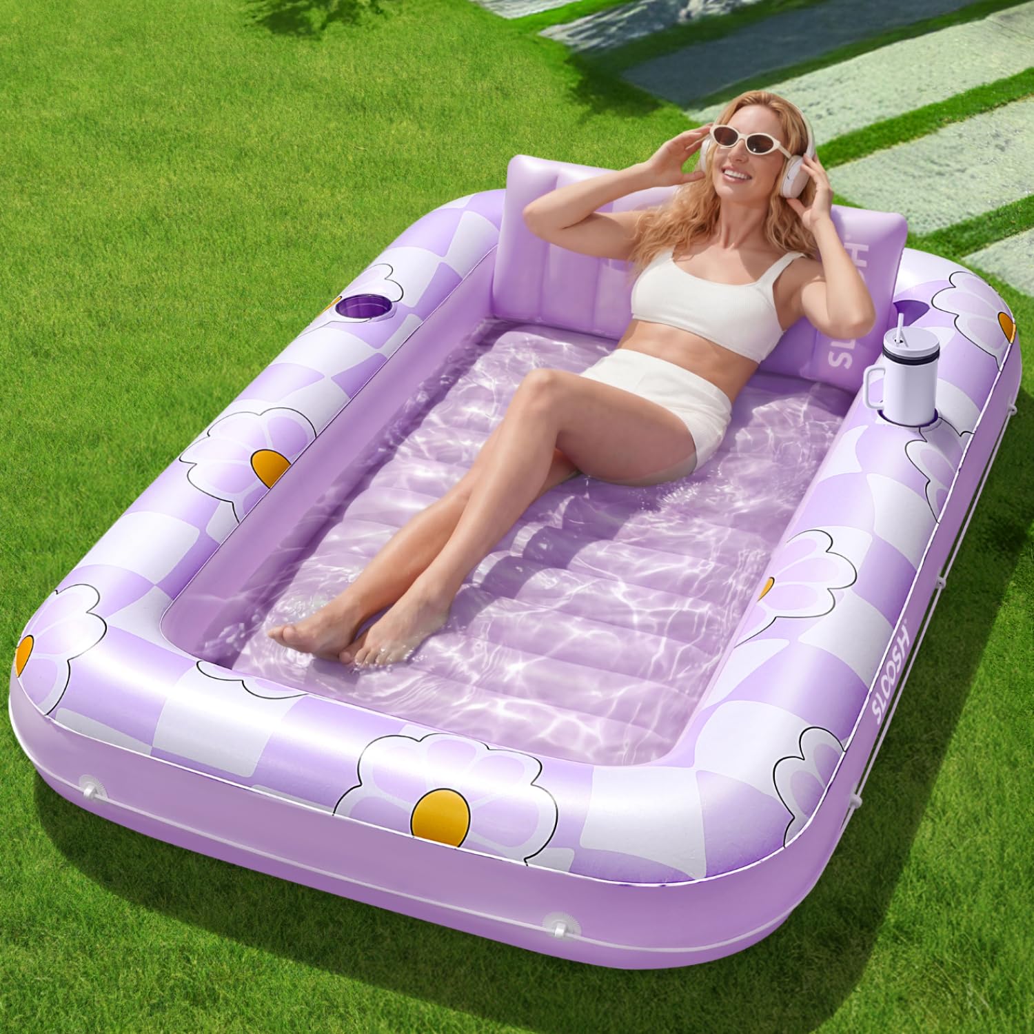 SLOOSH Inflatable Tanning Pool Lounger Float, 70" x 46" Pool Floats Adult with Pillow, 4 in 1 Suntan Tub Raft Floatie,Sunbathing Bed Lounge for Water Blow Up Ball Pit Party Gifts, Purple Chase Flower