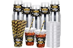 Sliner 100 Set 16 oz 2024 Graduation Plastic Cups with Lids and Straw Congrats Grad Party Cups Disposable Clear Ice Coffee Drinking Cups for Grad Party Tableware Supplies Decorations(Black)