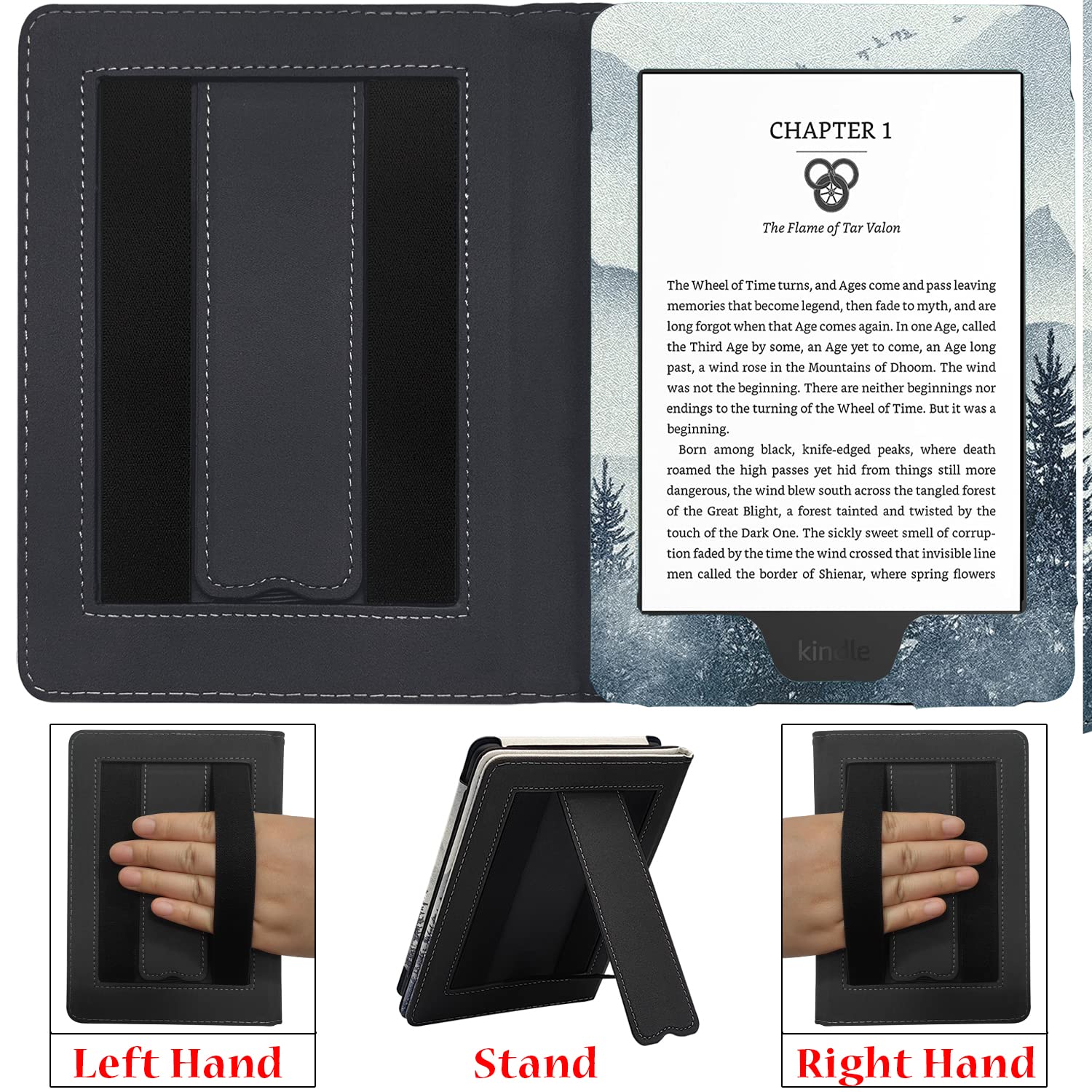 Stand Case for 6 inch Kindle (12th/11th/10th/8th Generation, Model No RS23CV/C2V2L3 / J9G29R / SY69JL) Cover with Auto Sleep/Wake & Double Hand-held Magneitc Closure (Forest Mountains)