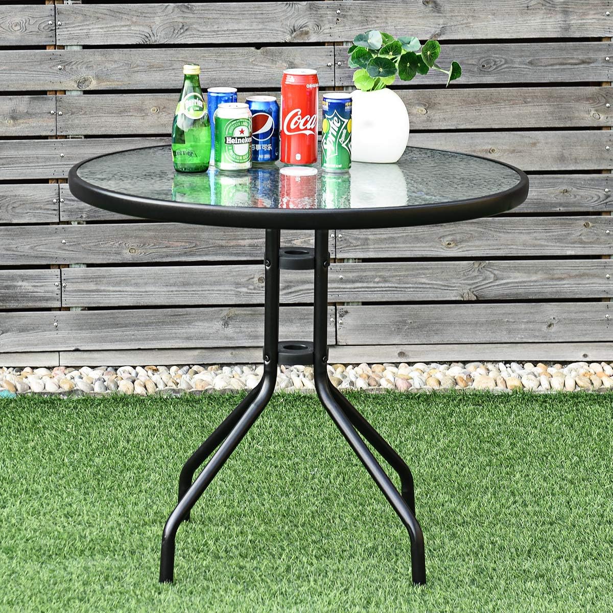 Goplus 32" Outdoor Patio Table Round Shape Steel Frame Tempered Glass Top with Umbrella Hole Commercial Party Event Furniture Conversation Coffee Table for Backyard Lawn Balcony Pool (Black): Kitchen & Dining