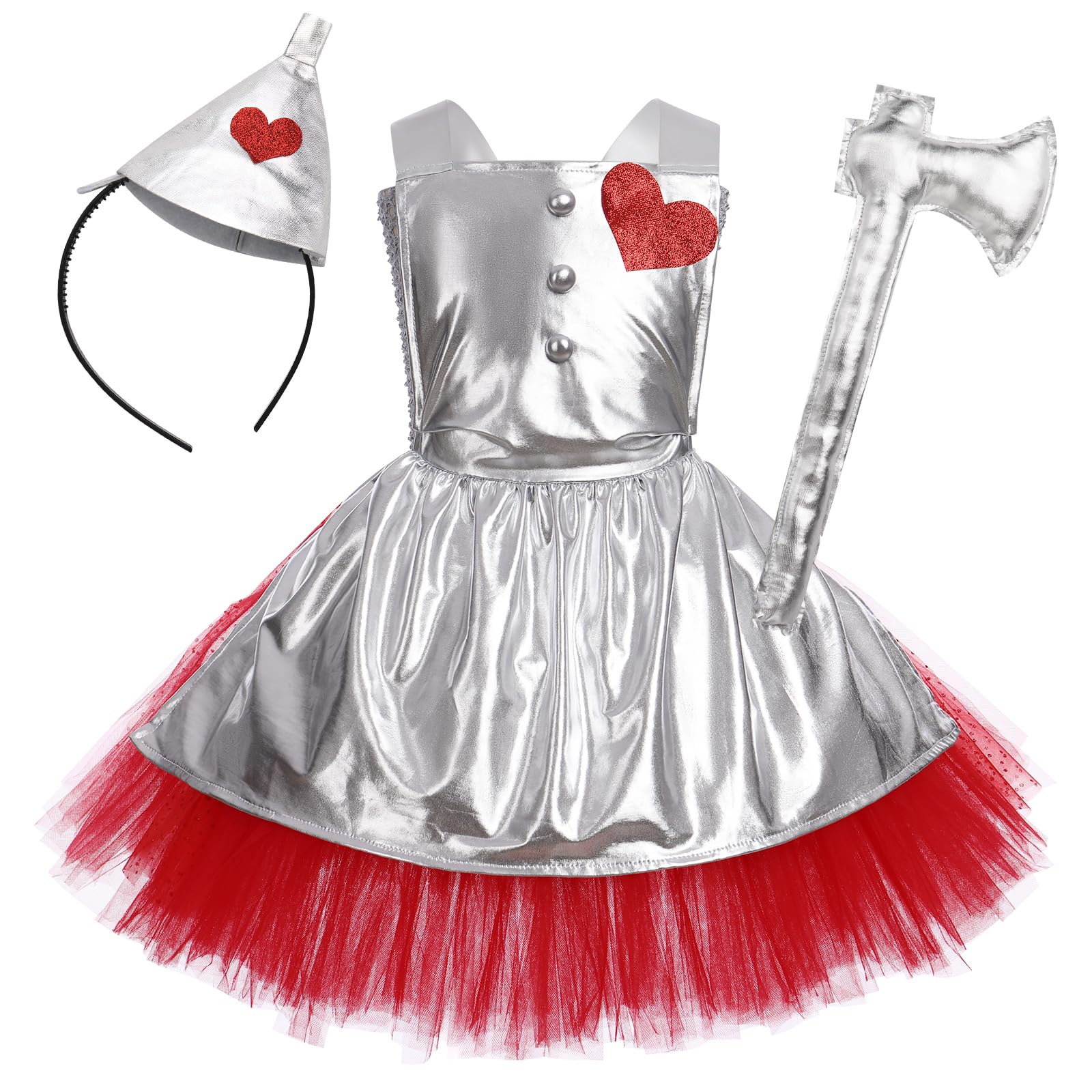 Photo 1 of Halloween Costume for Girls Kids Toddler Tin Man Costume Metallic Silver Tulle Tutu Dress with Headband Movie Role Play Party Stage Performance Children's Day Dressing Outfit Silver 9-10 Years