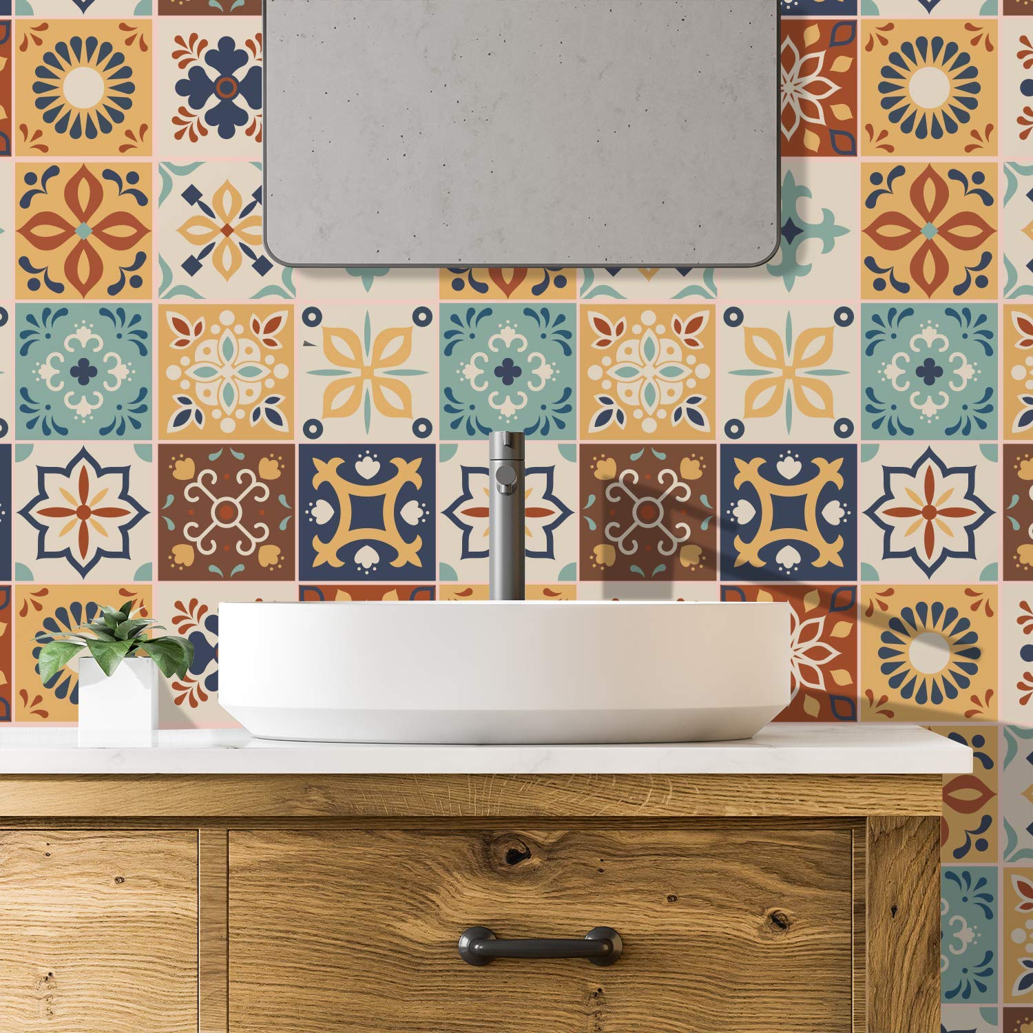 WALPLUS 24 Pcs 15cm(6") Tile Stickers Peel and Stick Backsplash Self-Adhesive Removeable Stick on Wall Vinyl Home Decoration DIY for Living Kitchen Bedroom Splashbacks - Jama Brown and Blue Moroccan