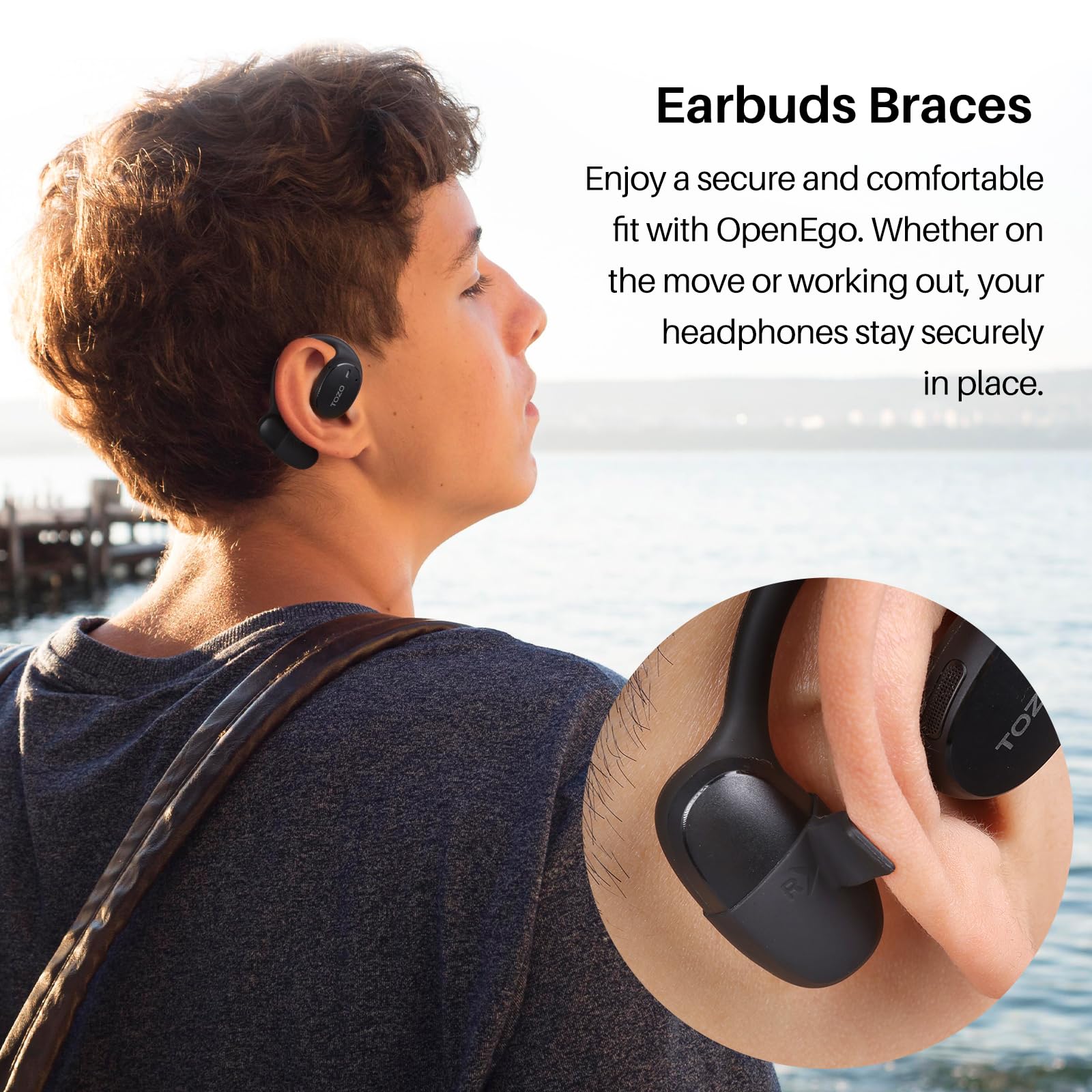 TOZO OpenEgo Open Ear Earbuds Bluetooth Headphones, 80Hrs Playtime Wireless Earbuds with Earhooks, Digital Display, 32 EQ Modes, Clear Call, Comfortable Wear, Sweat-Proof for Running Workout Black