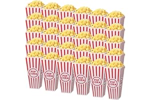 YUXUNG Plastic Popcorn Boxes Reusable Open Top Popcorn Containers Red and White Striped Popcorn Buckets Bulk for Movie Night, Classic Retro Style, 7.7 x 3.9 x 2.4 Inch (30 Pcs)