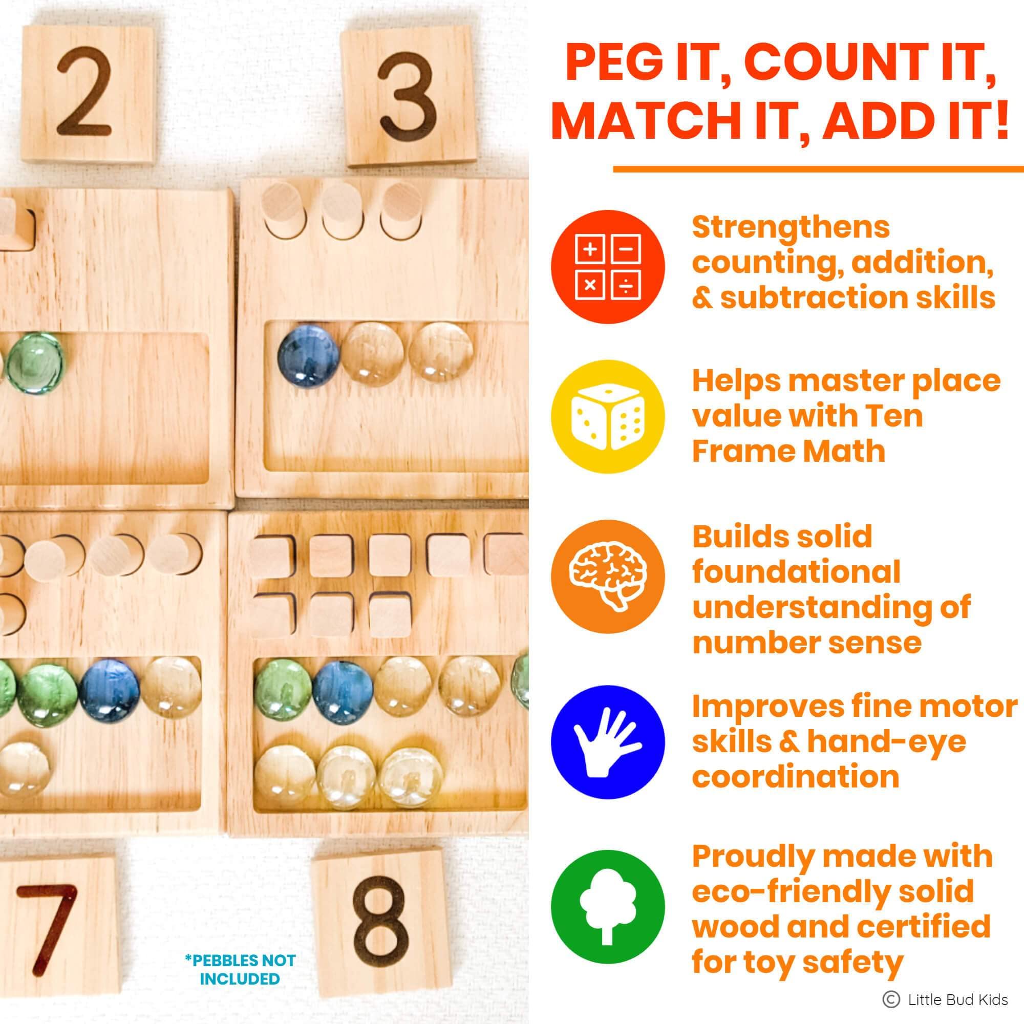 LITTLE BUD KIDS Counting Pegs - A Ten Frame Math Game with Addition and Subtraction Flash Cards, A Wooden Montessori Math Toy & Math Manipulatives Number Peg Boards for Kids 3 4 5 6 7