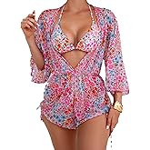 Yuiseaik Women's 3 Piece Swimsuit with Cover Up Sexy Triangle Bikini Set Bathing Suit Beach Coverup XS-XXL