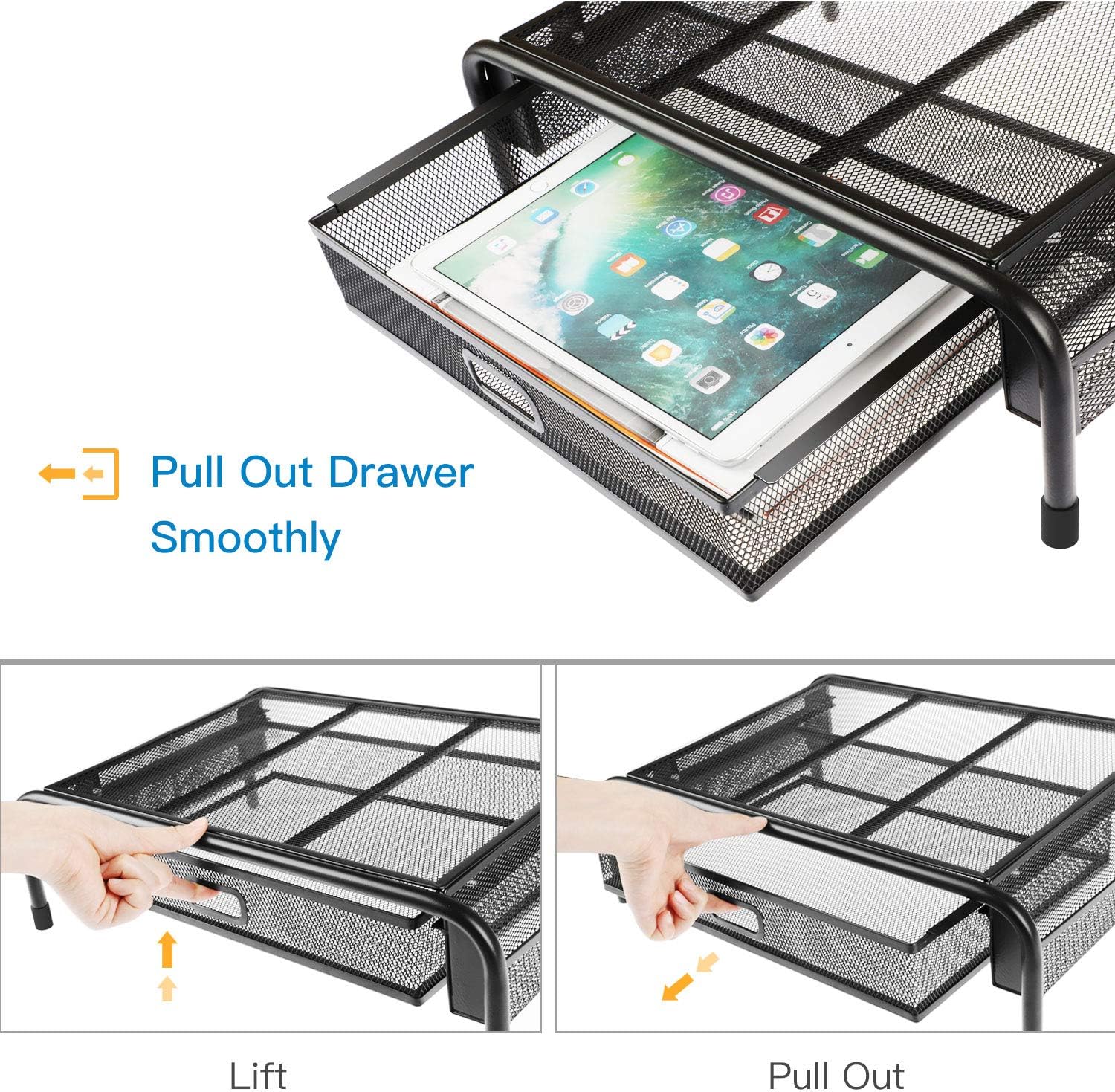 Monitor Stand Riser, Mesh Metal Printer Stand Holder with Pull Out Storage Drawer and Side Compartments Pockets for Computer, Laptop, iMac, Desk, Pens, Phones, Calculators by HUANUO : Office Products