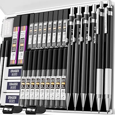 Nicpro 34Pcs Black Art Mechanical Pencils Set 0.3 0.5 0.7 0.9 mm