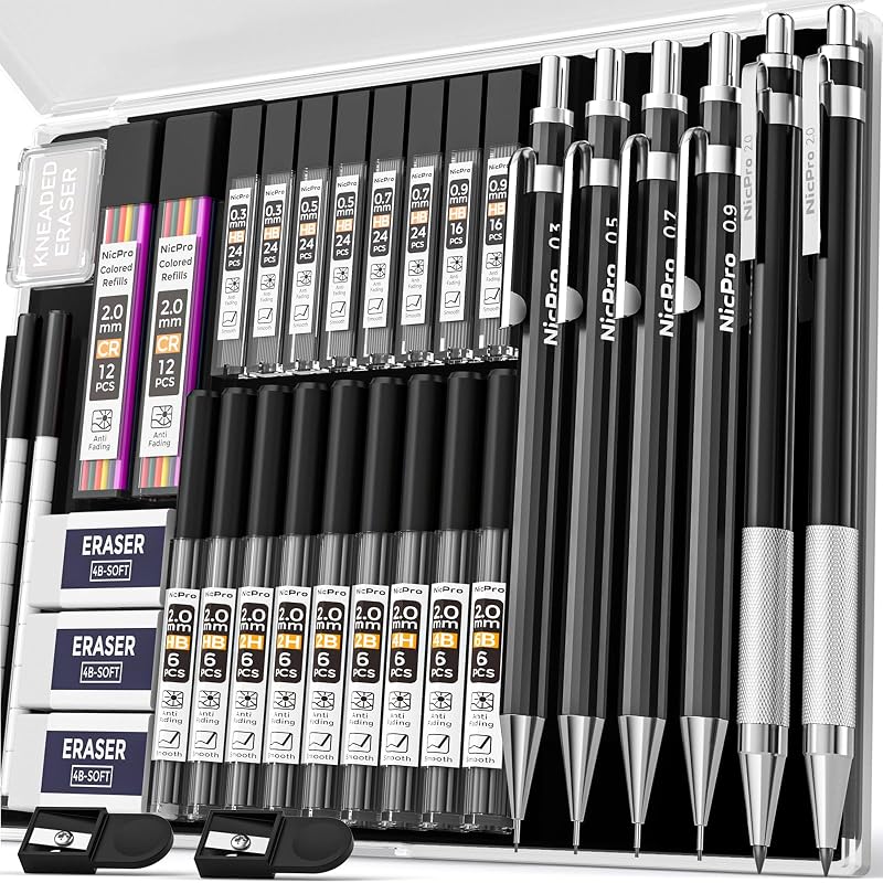 Nicpro 34Pcs Black Art Mechanical Pencils Set 0.3 0.5 0.7 0.9 mm