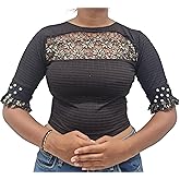 SMIT Women’s Lace Yoke Ribbed Stretch Top with 3/4 Sleeves, Pearl Button Detail – Casual Party Wear Top