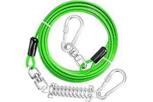 jenico Dog Tie Out Cable, 10/15/20/30/40/50/70/100/150FT Runner Cable with Swivel Hook and Shock Spring, Dog Leash Run Tether for Yard Outdoor and Camping,for Small to Medium Pets Up to 500 LBS