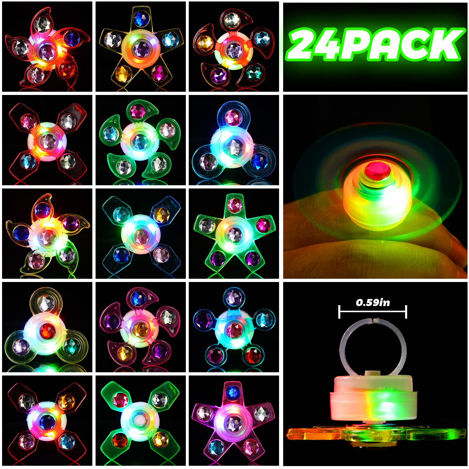 Mikulala 24 Pack LED Light Up Fidget Spinners Rings Halloween Party Favors for Kids, Mardi Gras Favors Prizes Box Toys Birthday Gifts Goodie Bag Stuffers,Glow in The Dark Party Supplies
