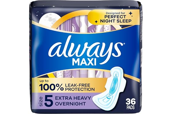 Always Maxi Pads for Women, Extra Heavy Overnight Pad with Wings, Size 5, Unscented, 36 Count