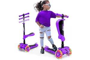 Hurtle 3-Wheeled Scooter for Kids - Wheel LED Lights, Adjustable Lean-to-Steer Handlebar, and Foldable Seat - Sit or Stand Ride with Brake for Boys and Girls Ages 1-14 Years Old