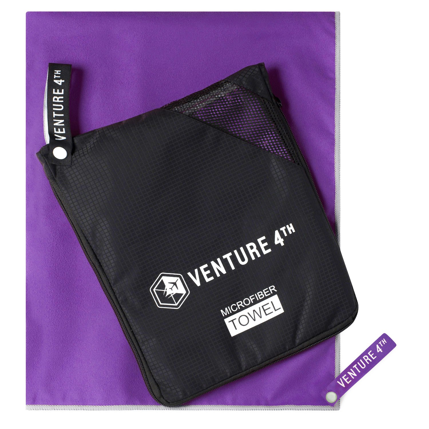 VENTURE 4TH Quick Dry Microfiber Towel - Odor Resistant, High Performance Towels for Gym, Camping, Travel, Yoga and Beach (Purple-Gray Large) - Includes Tear Resistant Bag