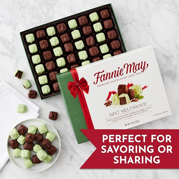 FANNIE MAY, MILK CHOCOLATE CANDY, MINT MELTAWAYS, 14 OZ GIFT BOX