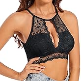 SHEKINI High Neck Lace Bralettes for Women Padded Wireless Halter Bra Floral Crop Top Vest Bra Lingerie