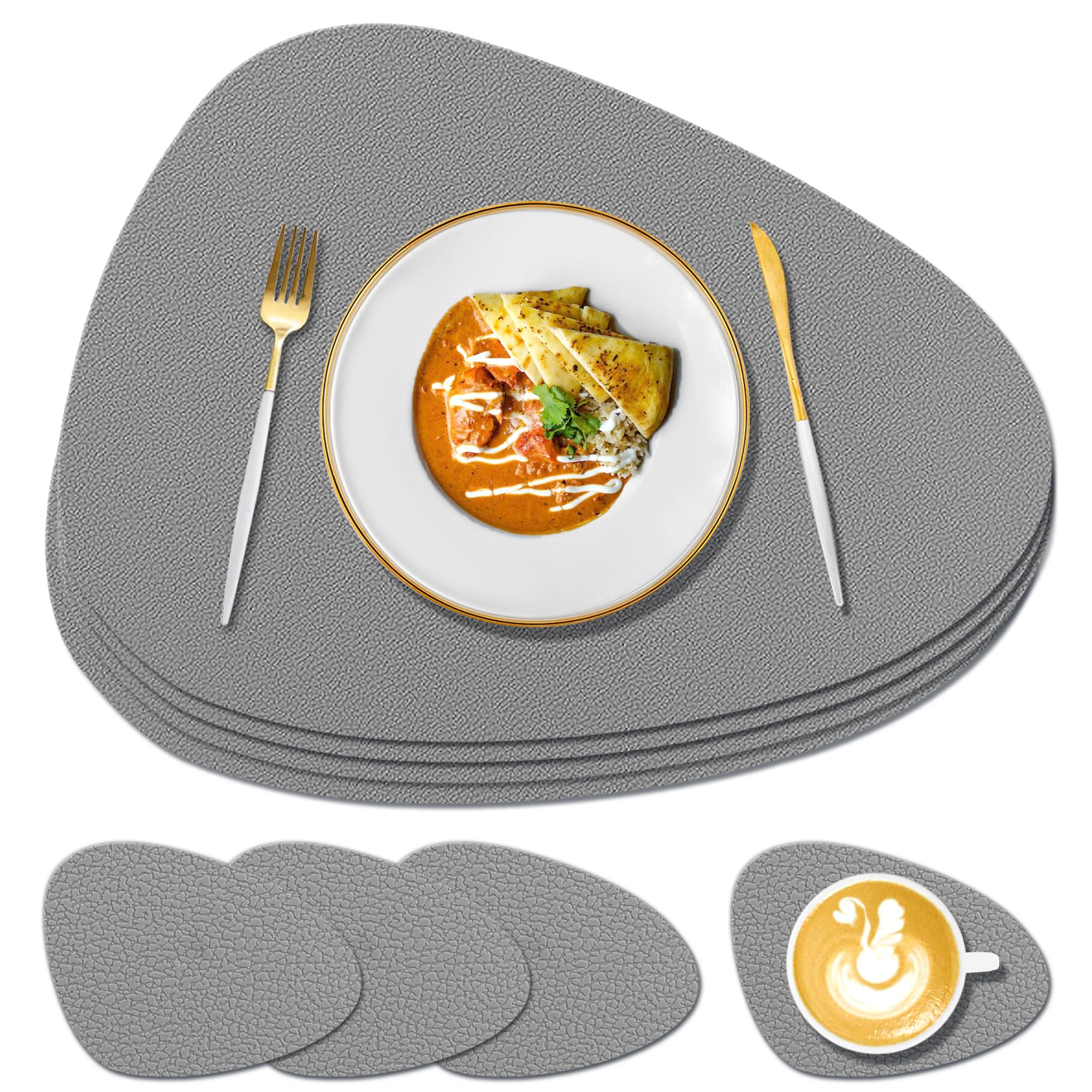 KERYCHIN 4 Silicone Placemats + 4 Coaster Set, Heat Resistant 450 °F, Non-slip ＆ Washable Table Mats, Easy to Clean, Wipeable Place Mats for Kitchen, Home, Restaurant, Outdoor Garden Table, Dark Grey