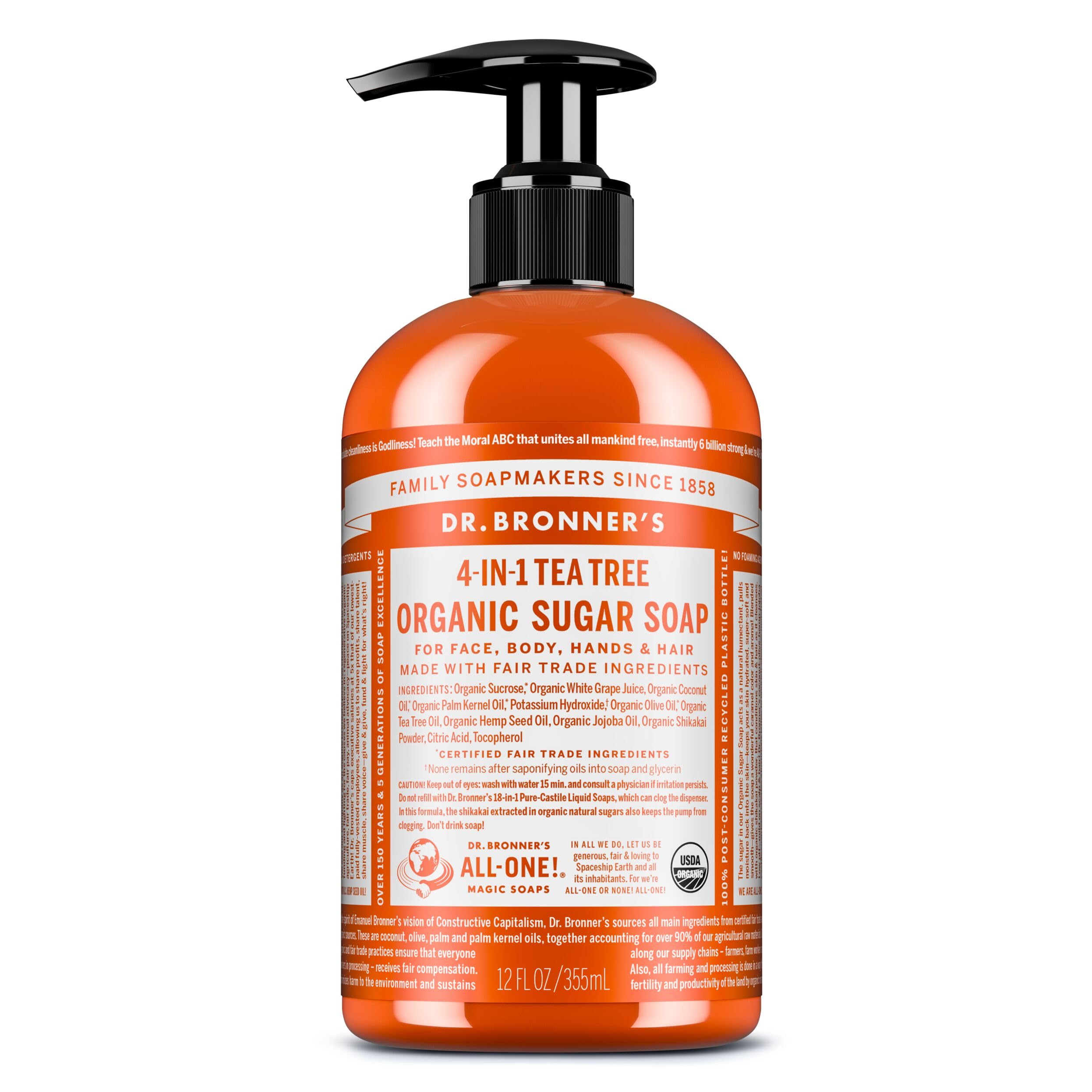 Dr Bronner’s 4-in-1 Organic Tea Tree Sugar Soap, Made with Organic Oils, Sugar and Shikakai Powder. For Hands, Body, Face & Hair. Fair Trade Certified & Vegan Friendly, 335ml Recycled Pump Bottle