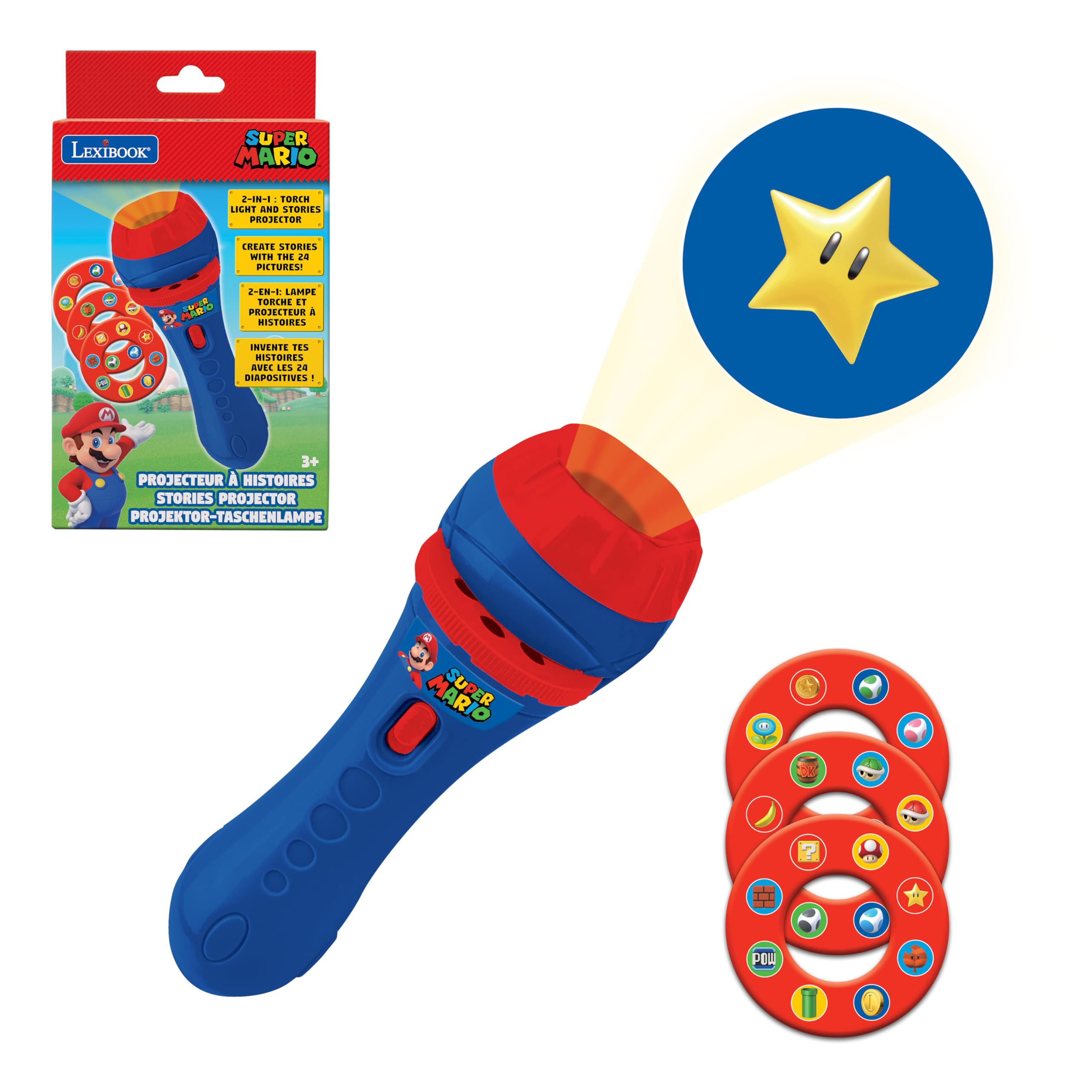 LEXIBOOK Super Mario Nintendo Stories projector, flashlight and projector with 3 discs, 24 images, create your own stories, children's toy, Blue/Red, LTC050NI
