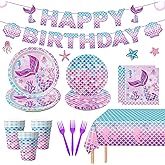 122Pcs Mermaid Birthday Party Decorations Set Mermaid Party Supplies Includes Plates, Napkin, Fork, Cup, Tablecloth, Banner for Baby Shower Ocean Birthday Party Decorations, Serves 24