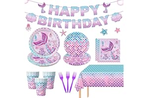 OIGCO 122Pcs Mermaid Birthday Party Decorations Set Mermaid Party Supplies Includes Plates, Napkin, Fork, Cup, Tablecloth, Banner for Baby Shower Ocean Birthday Party Decorations, Serves 24