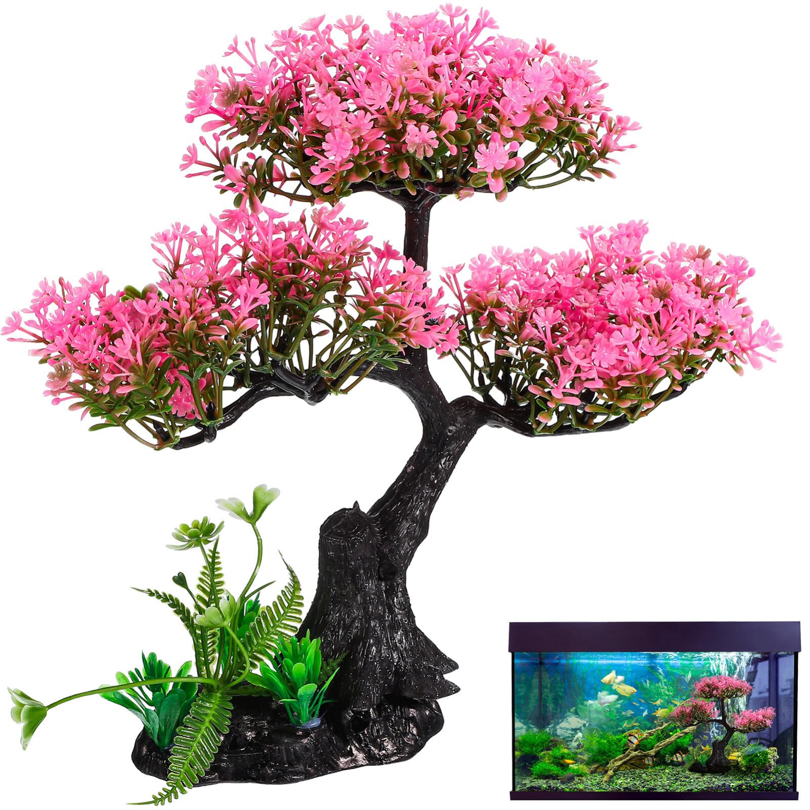 Didiseaon Aquarium Artificial Plant Decor Pink Cherry Blossom Tree Grass Set Plastic for Aquarium Accessories Aquarium Decorations, D132631UGVYI