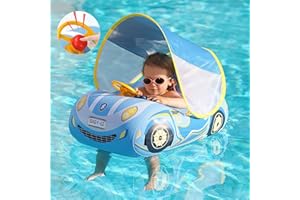 YEELAN Baby Pool Float,Baby Swim Float,Baby Pool Float with Canopy UPF50+ Sun Protection,Toddler Pool Float Inflatable, Car Shaped Baby Floats for Pool 6-12 12-48 Months with Safety Seat,No Flip Over