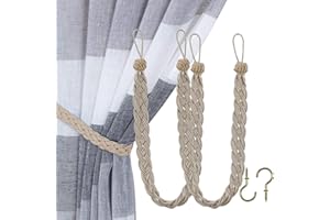 Home Queen Hand Braided Curtain Tie Back, Buckle Holdback Drapery Curtain Tiebacks, 2 Rope Belt Curtain Tie with 2 Metal Hooks, Taupe