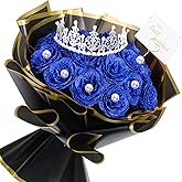 TLY Glitter Roses Bouquet Blue Flower Bouquet Roses Artificial Flowers with Flower Wrapping Paper Crowns Cards for Valentine's Day Birthday Anniversary Engagement Wedding