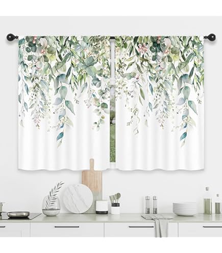 Riyidecor Green Eucalyptus Valance Curtain - Watercolor Floral Botanical Farmhouse Rod Pocket Window Treatment 52x18 Inch