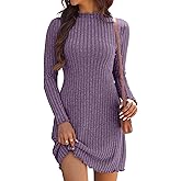 Oakgarden Women's Knit Long Sleeve Sweater Dress Lettuce Trim Mock Neck Tunic Dress Fall Winter Casual Trendy Outfits