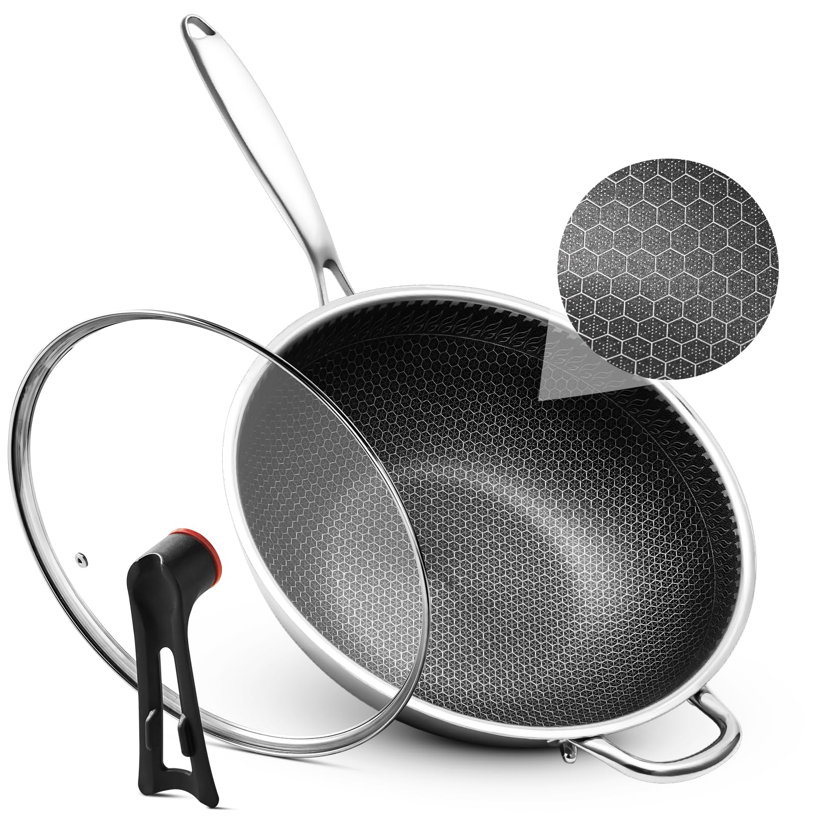 Photo 1 of WANGYUANJI Upgraded Coating-Free 12.6" Stainless Steel Wok with Lid – Enhanced Multi-Layer Steel, Flat-Bottom Stir-Fry Pan, Honeycomb Surface, Induction & Oven Safe