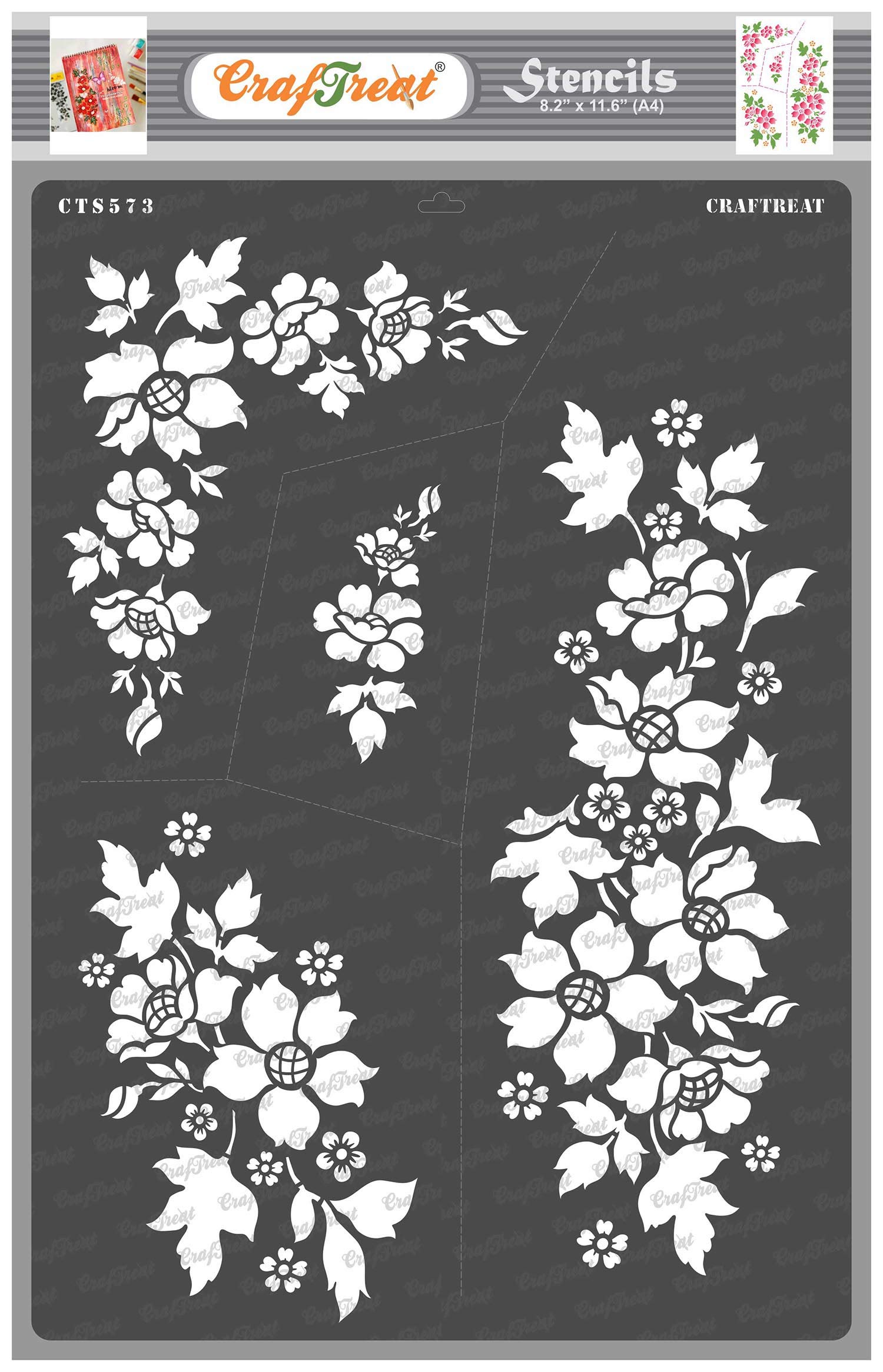 CrafTreat Reusable Flowers Stencils for Painting on Wood, Canvas, Paper, Fabric, Floor, Wall and Tile - Bunch of Blooms -A4 - DIY Art and Craft Stencils for Home Decor - Flower templates
