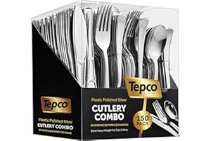 TEPCO SETTINGS 150 Silver Plastic Silverware Set - Disposable Flatware Cutlery - 50 Forks, 50 Spoons, 50 Knives - Heavy Duty Party Bulk