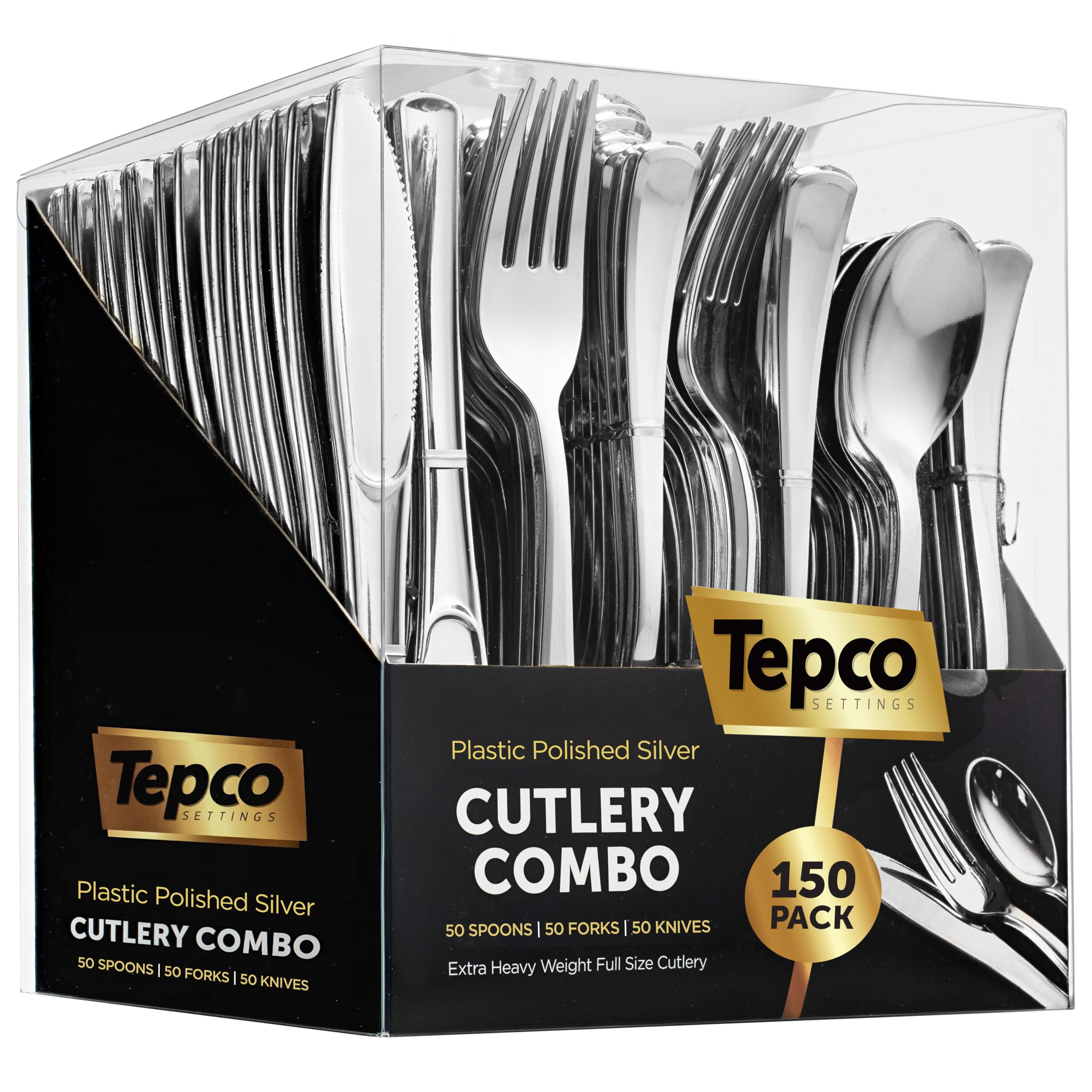 Photo 1 of 150 Silver Plastic Silverware Set - Disposable Flatware Cutlery - 50 Forks, 50 Spoons, 50 Knives - Heavy Duty Party Bulk