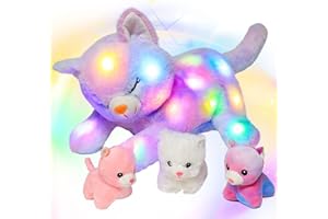 Hopearl LED Plush Cat Lighting Up Stuffed Mommy Cat with 3 Baby Kittens in her Tummy Stuffed Animal Playset Night Lights Glow in The Dark for Mom Kids Toddler Girls, Rainbow, 18''