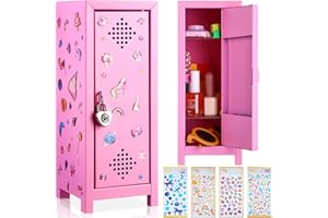 Tiangrid 2 Set Pink Mini Locker with Lock and Keys, Stickers 10.8'' Small Locker Miniature Storage Metal Locker for Desktop Bedroom Home Office (Lovely)