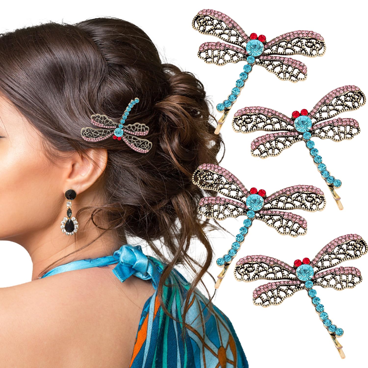4Pcs Cute Dragonfly Hairpin,Crystal Animal Hairpin,Side Clip Bridal Hair Accessories Wedding Headpieces for Girls Women