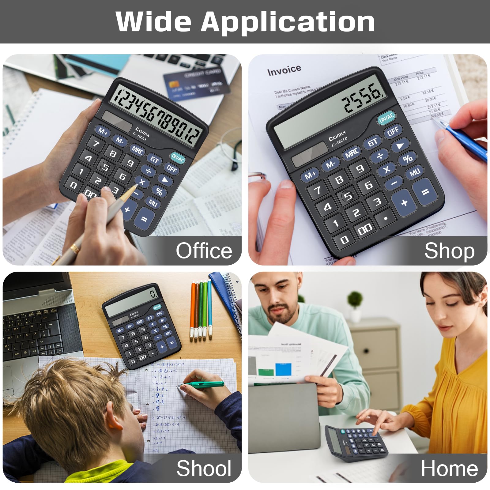 Comix Desktop Calculator 12 Digit with Large LCD Display and Big Button, 12 Digits Baisc Calculator, Solar Battery Dual Powered, for Office Home School C-1832 (Black)