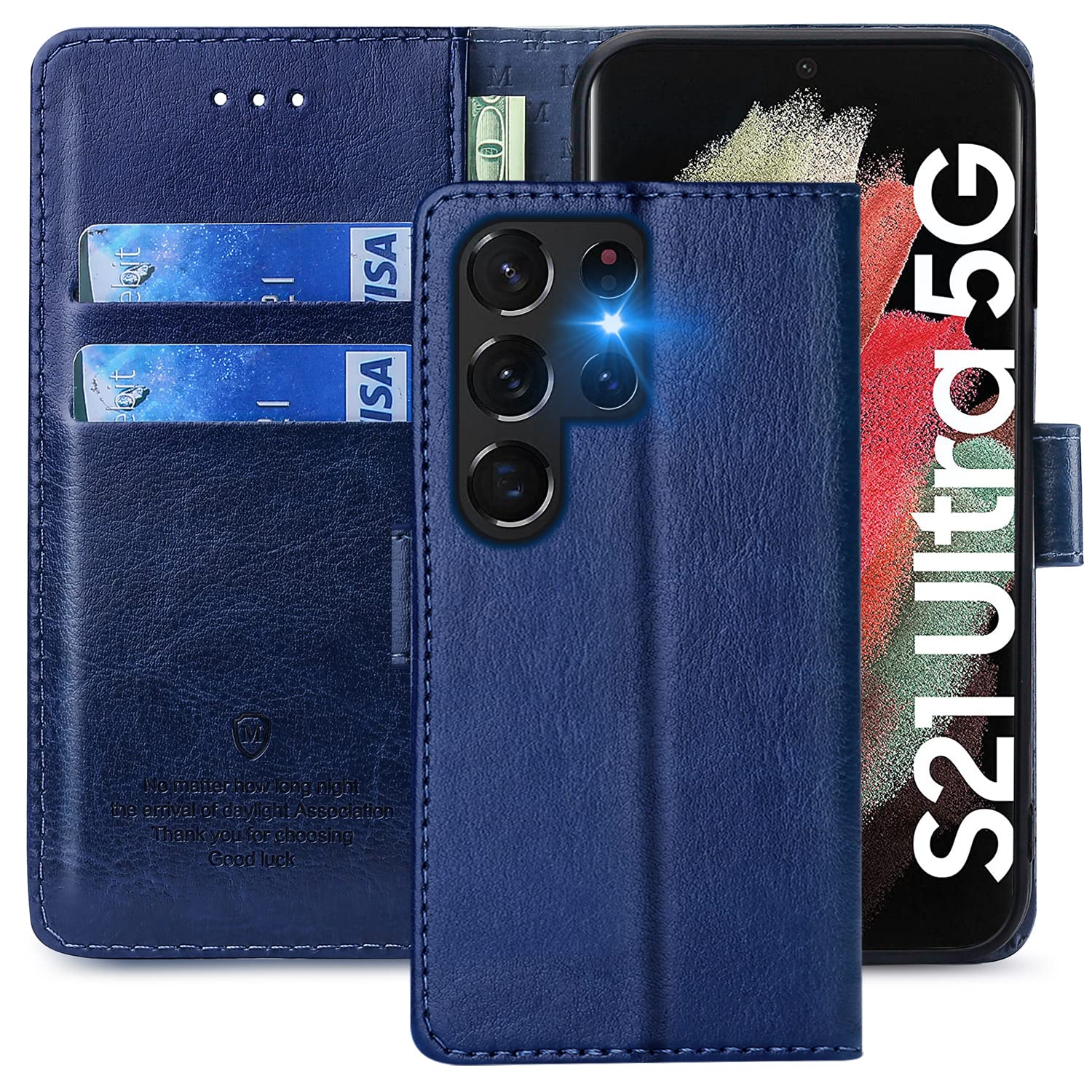 FMPCUON Case For Samsung Galaxy S21 Ultra,High-grade Leather Flip Wallet Phone Case Cover for Samsung Galaxy S21 Ultra 6.8 Inches [Card Slots] [Kickstand] [Magnetic Closure]-(Blue) — image 1