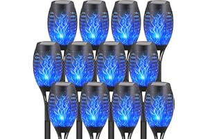 FAISHILAN 12-Pack Blue Solar Flickering Flame Torches – Waterproof Solar Garden Lights, Outdoor Solar Lights for Yards, and Flame Torches for Patio and Pathway Decorations