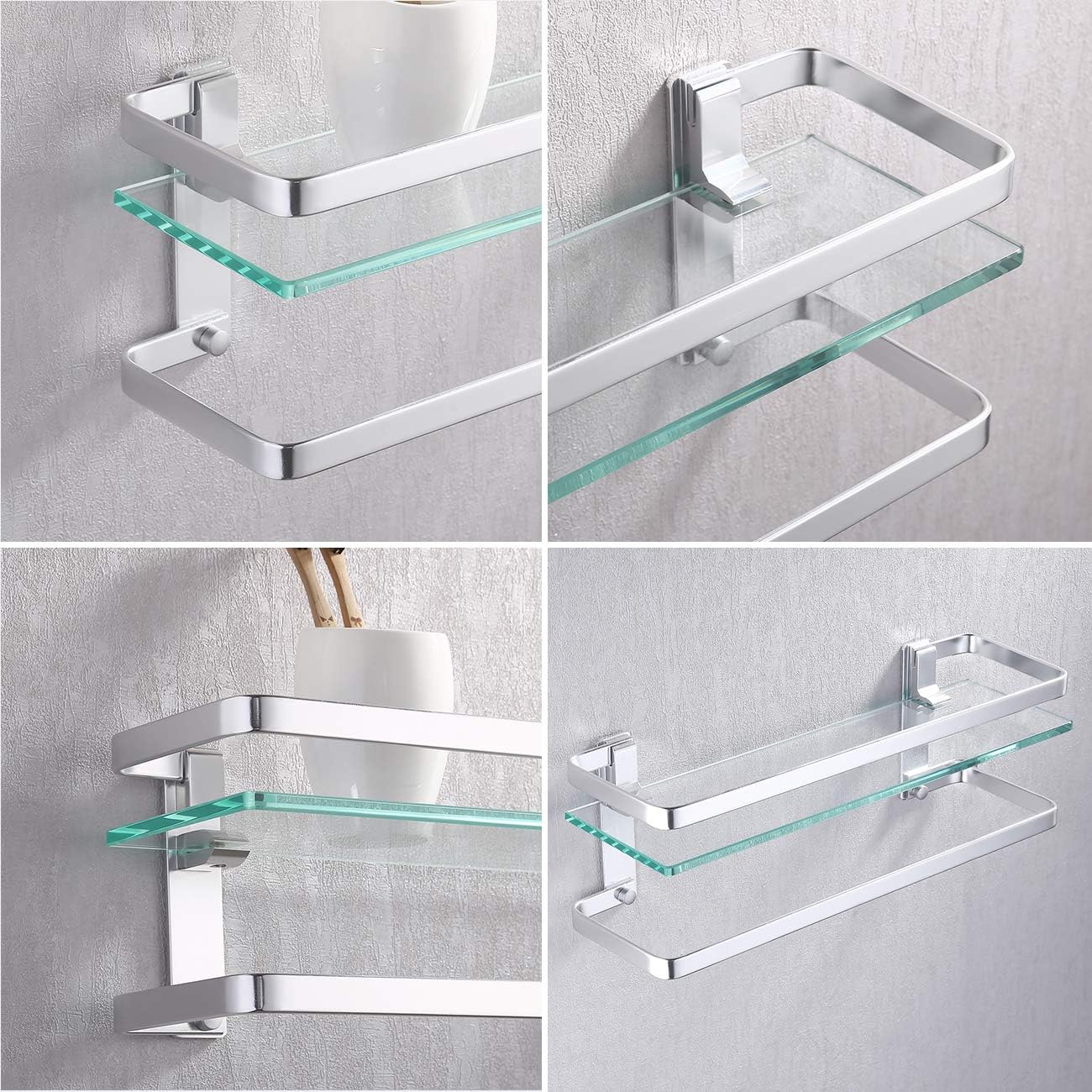 KES Bathroom Glass Shelf with Anodized Aluminum Towel Bar and Rail Extra 8 MM-Thick Tempered Glass Rustproof Retangular Storage Organizer Wall Mount Silver, A4127A: Home & Kitchen