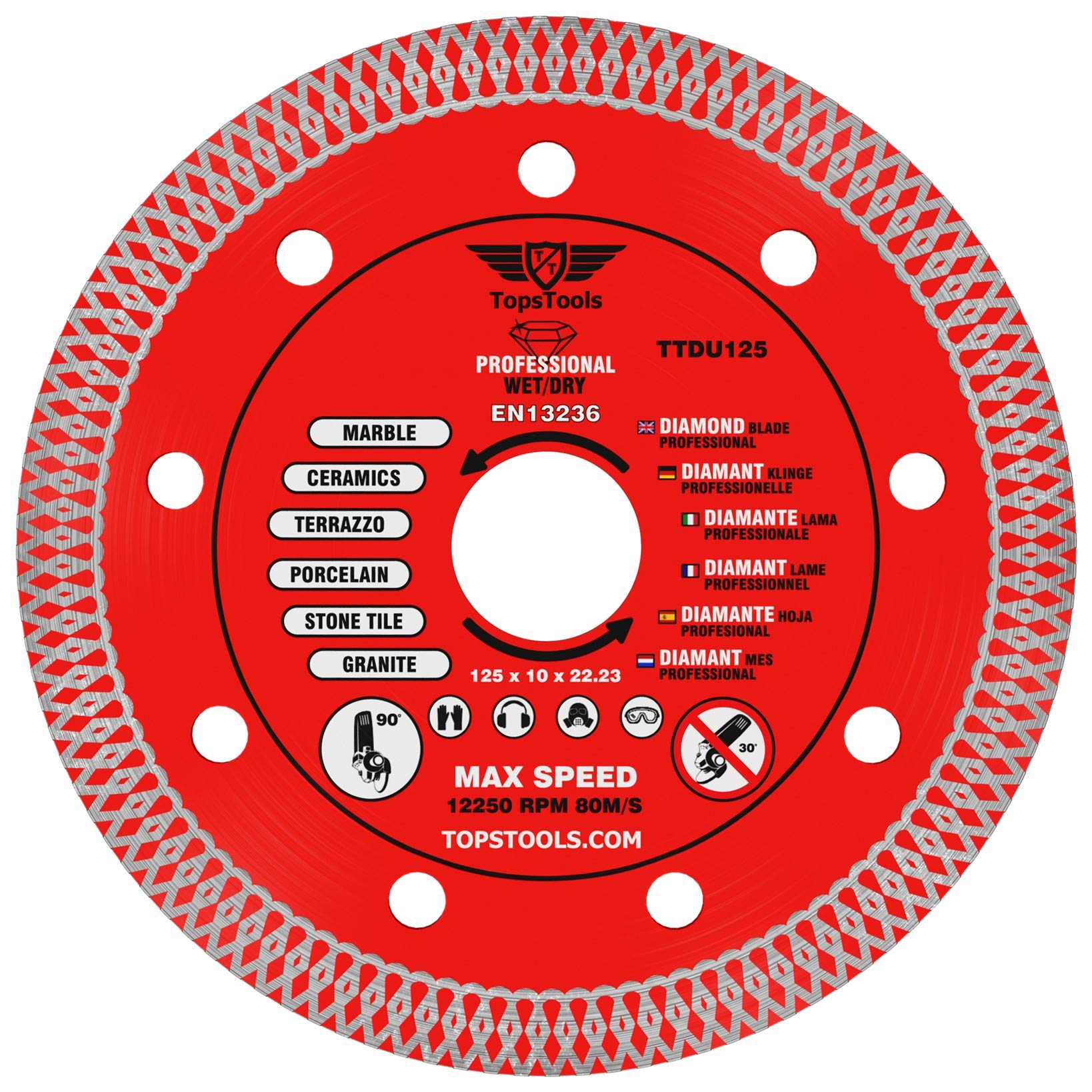 1 x TopsTools TTDU125 125mm (5 inch) x 10mm x 22.23mm Bore Mesh Turbo Diamond Angle Grinder Circular Saw Blade