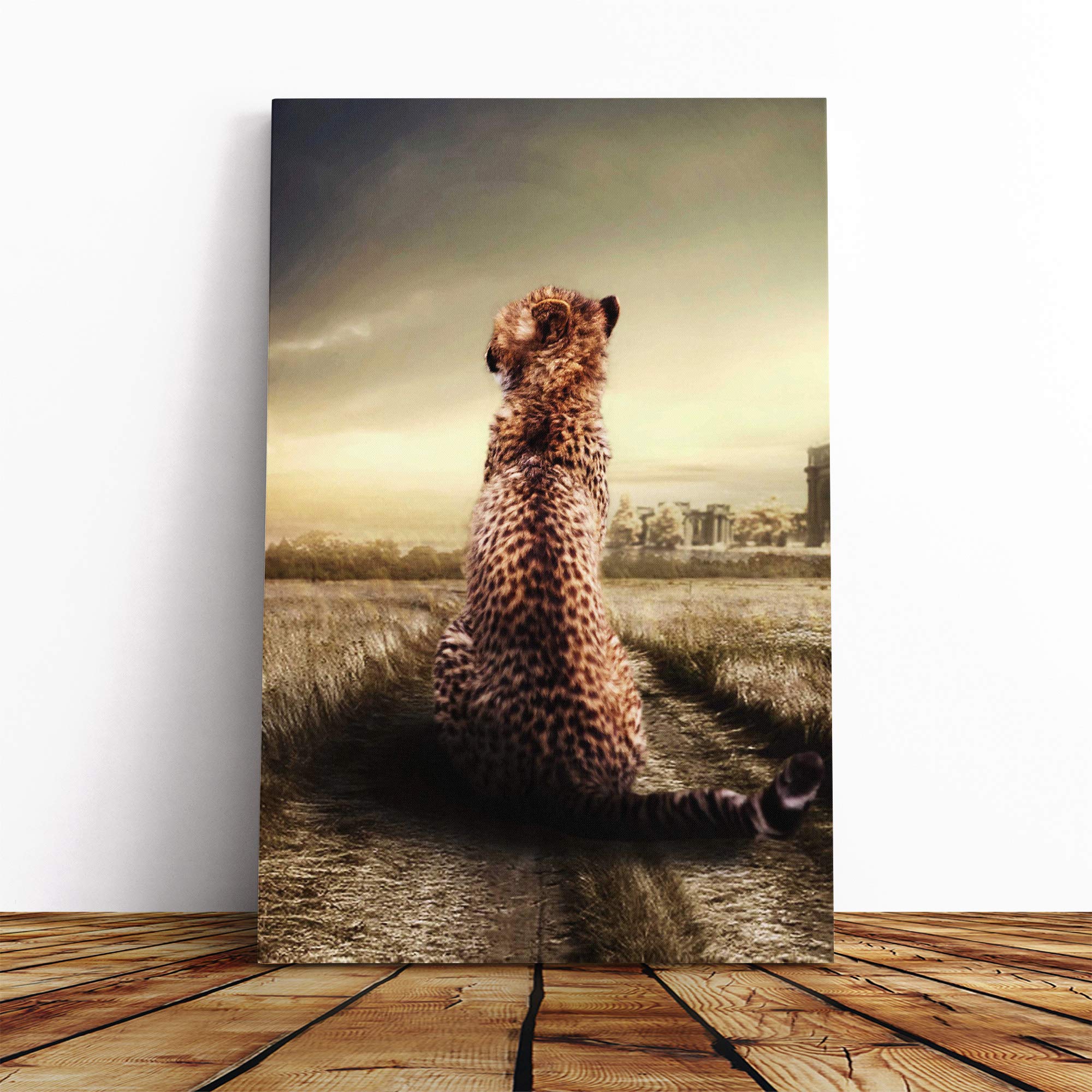 Big Box Art Canvas Print Wall Art Cheetah Landscape | Mounted and Stretched Box Frame Picture | Home Decor for Kitchen, Living, Dining Room, Bedroom, Hallway, Multi-Colour, 20x14 Inch