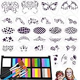 Thenshop 33 Pcs Carnival Face Painting Kit 10 x 10g Water Based Split Cake Face Paint Palette Reusable Facial Painting Stencils with Brush Rainbow Body Makeup for Festivals Birthdays Cosplay Party