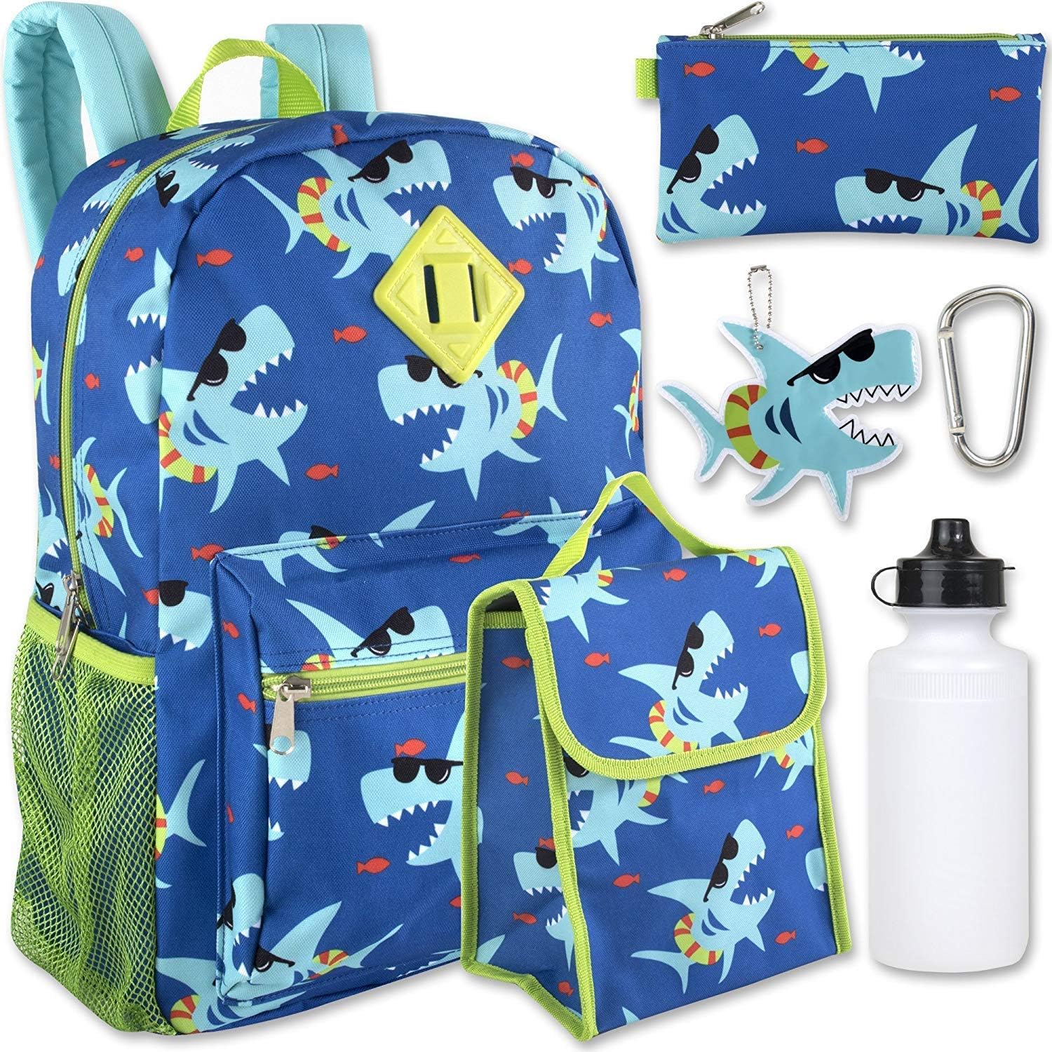 Boy's 6 in 1 Backpack Set With Lunch Bag, Pencil Case, Bottle, Keychain, Clip (Sharks)
