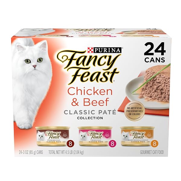PURINA FANCY FEAST CHICKEN AND BEEF CLASSIC PATE COLLECTION GRAIN FREE WET CAT FOOD VARIETY PACK – (PACK OF 24) 3 OZ. PULL-TOP CANS